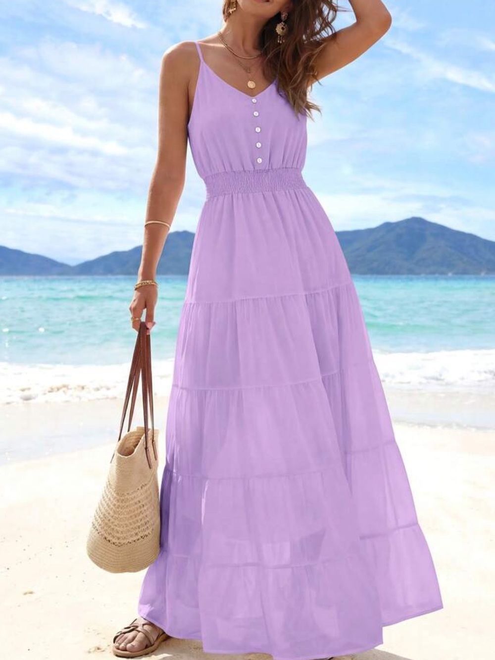 Sleeveless Purple  Maxi Dress with Smocked Waist
